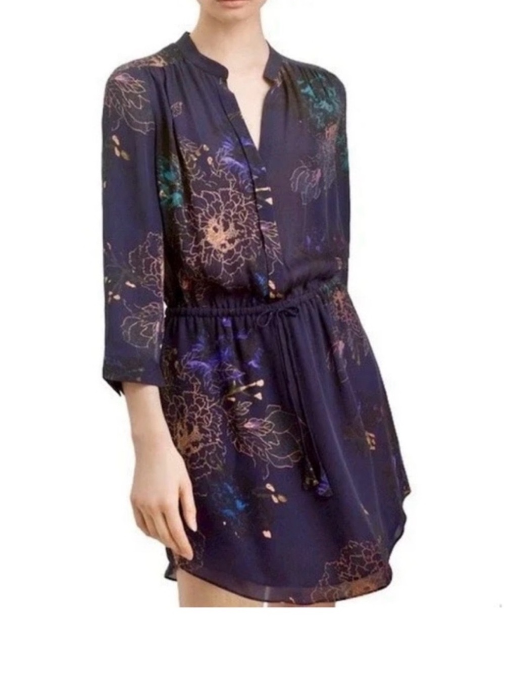 Aritzia Babaton Bennett Silk Floral Long Sleeve Dress in Navy.